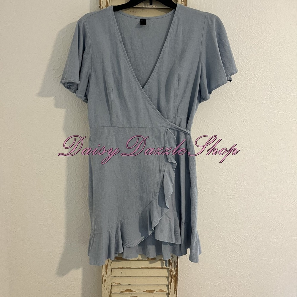 SHEIN Curve Butterfly Sleeve Ruffle Hem Wrap Tie Belted Dress Blue Size 2X